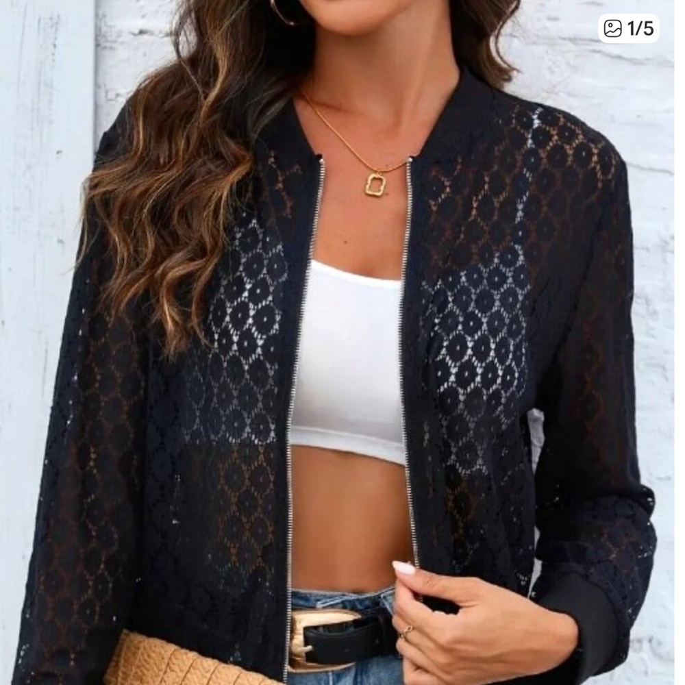 Casual Long Sleeve Laced Bomber Jacket Zip Up Cutout Detail - Black- XL